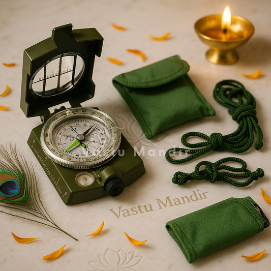 Open professional Vastu compass with green pouch, cord and mirror in a sacred setting
