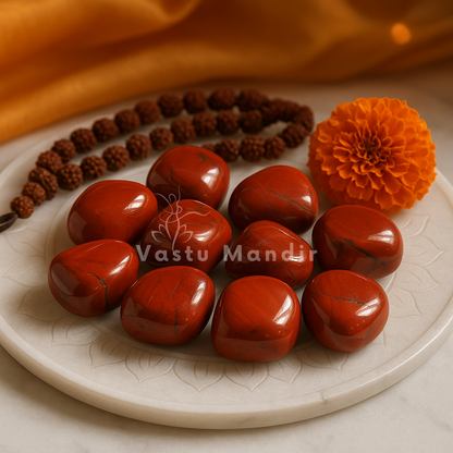 Red jasper tumbled stones arranged with rudraksha beads and a marigold flower