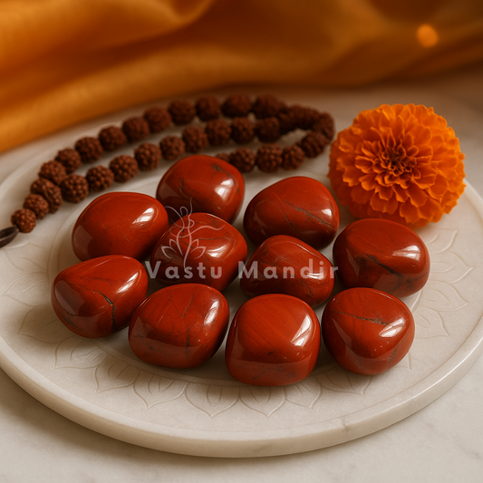Red jasper tumbled stones arranged with rudraksha beads and a marigold flower