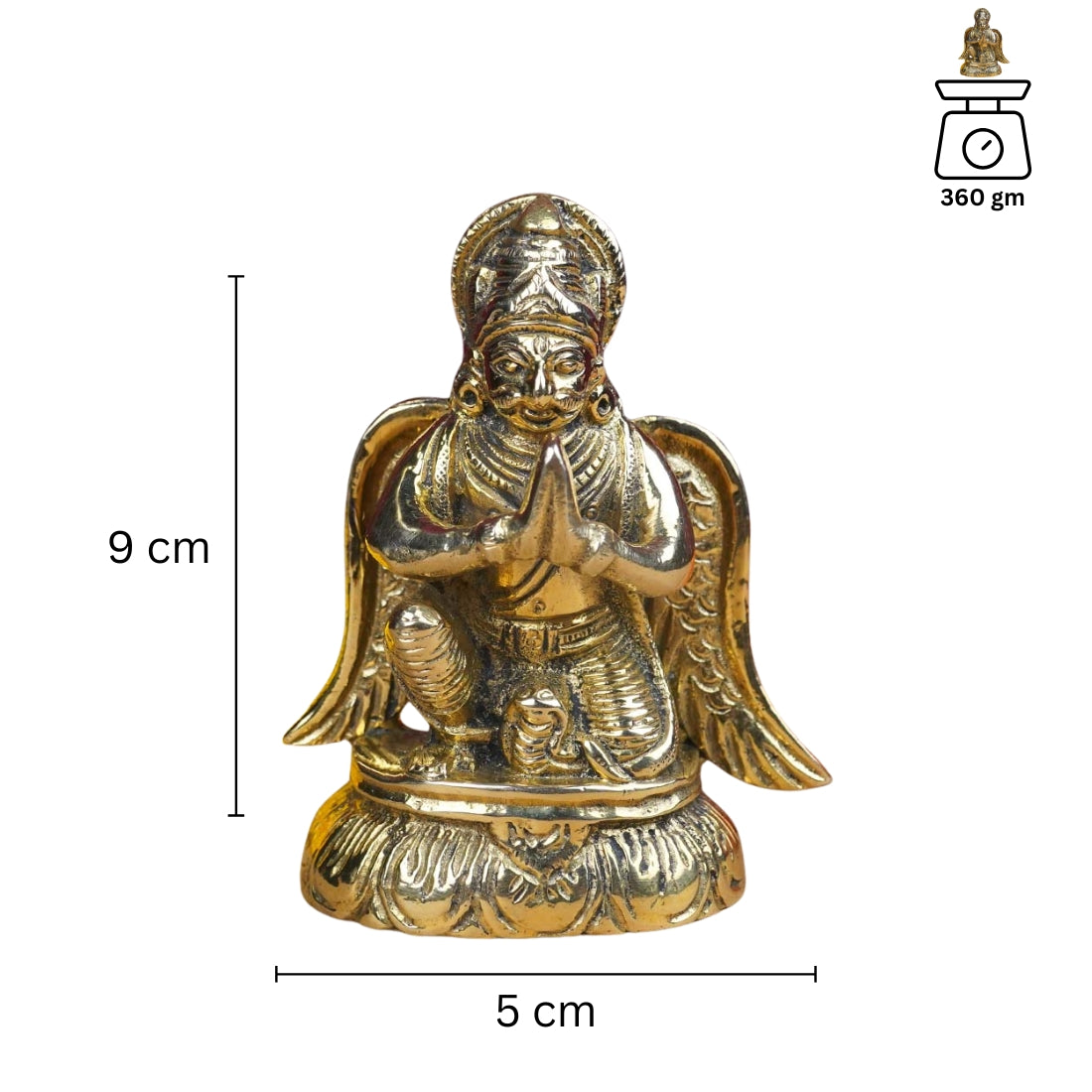 Brass Lord Garud Dev Ji idol dimension diagram showing 9 cm height and 5 cm width