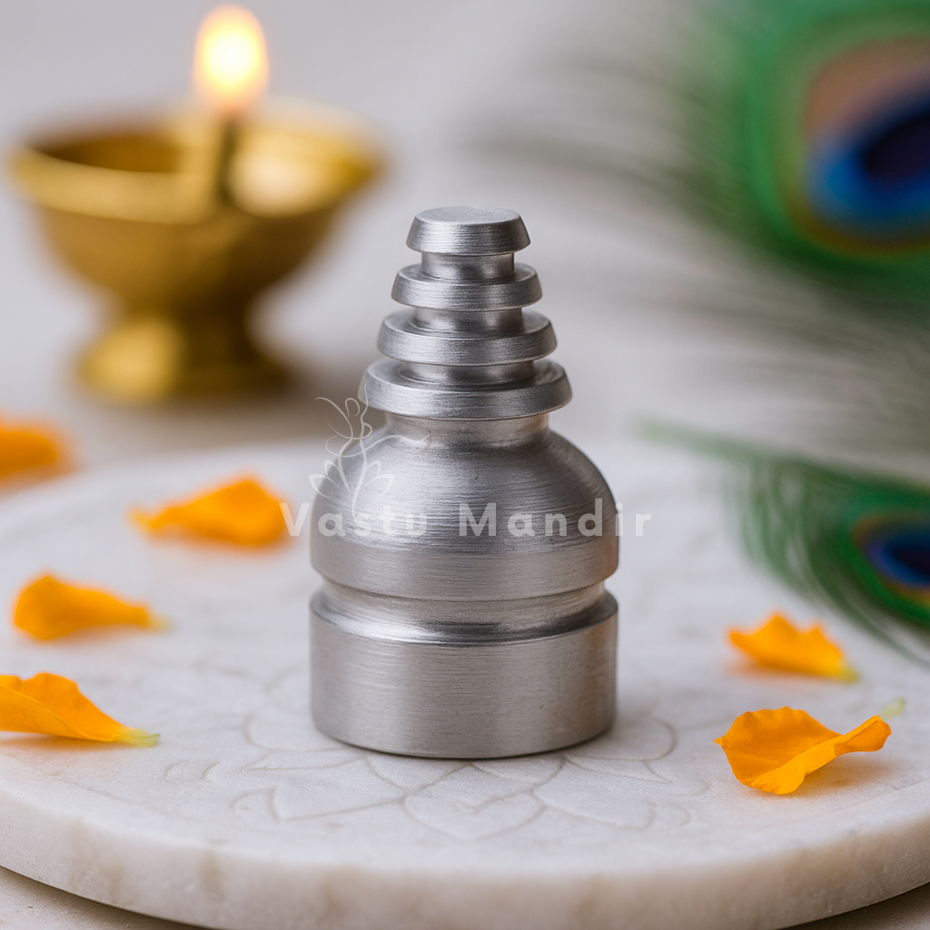 Silver-toned Vastu cone stud displayed upright on engraved marble with a lit diya