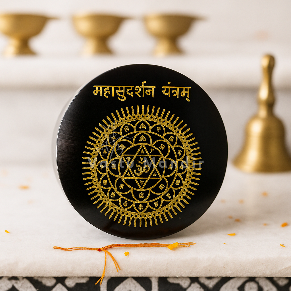 Mahasudarshan yantra selenite plate presented in a second hand-held view