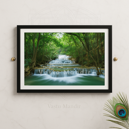 Waterfall scene wall art displayed on a wall in an interior setting