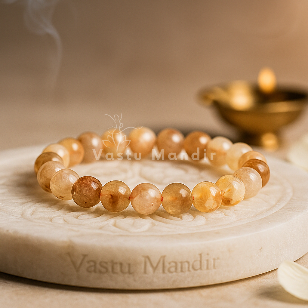 Natural citrine crystal bracelet presented with a hand for visual scale