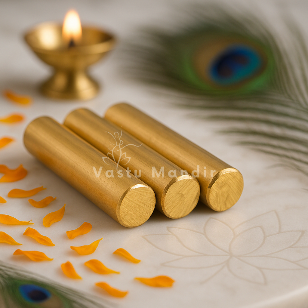 Three brass Vastu round studs arranged on engraved marble