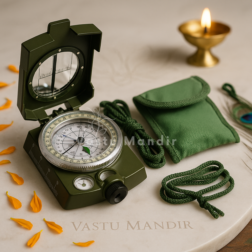 Professional Vastu compass displayed open beside its green pouch and carrying cord