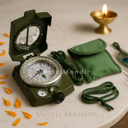 Professional Vastu compass displayed open beside its green pouch and carrying cord