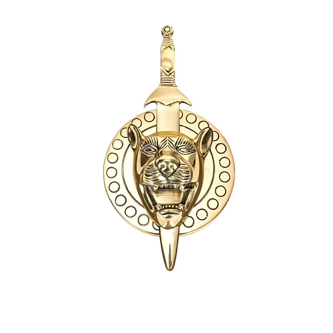 Brass lion face with removable talwar front view isolated on white background