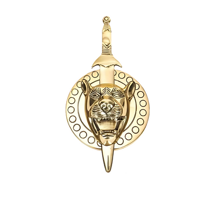 Brass lion face with removable talwar front view isolated on white background
