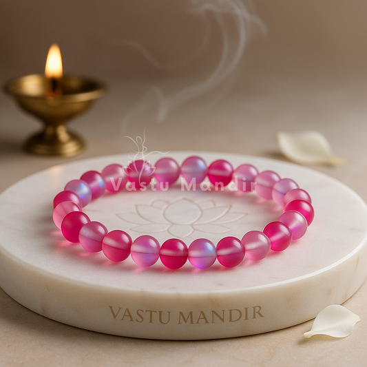 Natural dark pink aura quartz crystal bracelet shown with a hand in a lifestyle photograph