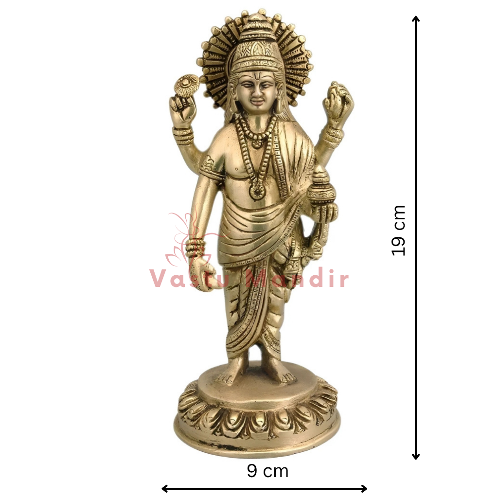 Pure brass Dhanvantri Ji idol dimension diagram showing 19 cm height and 9 cm width