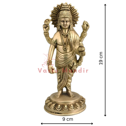 Pure brass Dhanvantri Ji idol dimension diagram showing 19 cm height and 9 cm width