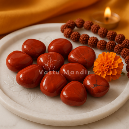 Angled view of red jasper stones with a rudraksha strand and traditional decor