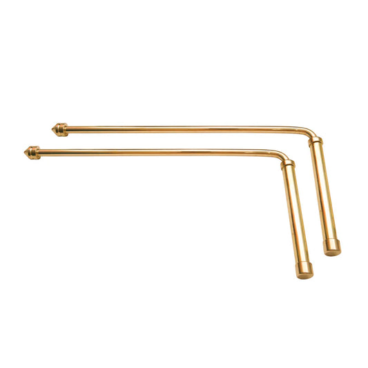 Brass dowsing rod pair with cylindrical metal handles on a white background