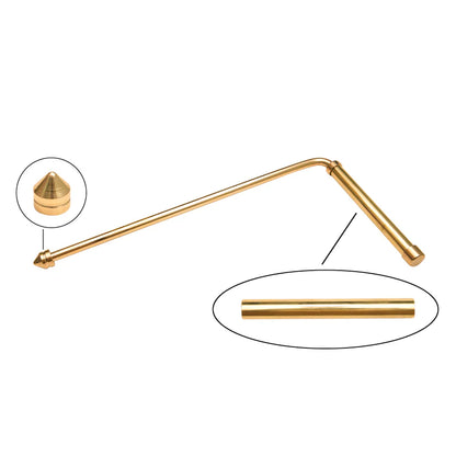 Brass dowsing rod feature diagram showing pointed tips and rotating metal handles