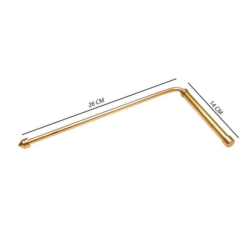 Brass metal-handled dowsing rod size diagram showing 26 by 14 cm dimensions