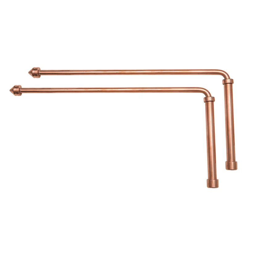 Full copper metal-handled dowsing rod pair shown parallel on white