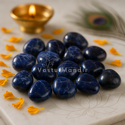 Natural sodalite tumbled stones displayed in a dark, softly lit spiritual setting