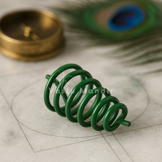 Green Vastu spring displayed on a marble surface with a brass diya