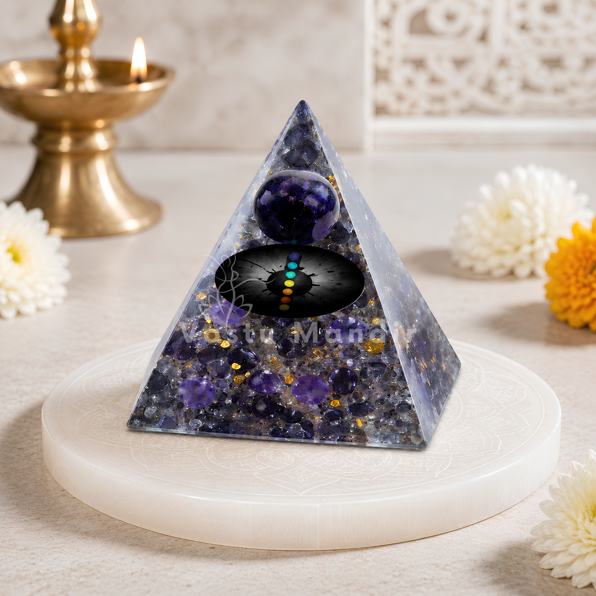 Natural Amethyst Crystal Sphere Pyramid - Vastu Remedy for Stress Relief, Sleep Support and Spiritual Harmony for South West Zone and Home Placement | 8 cm | 190 g