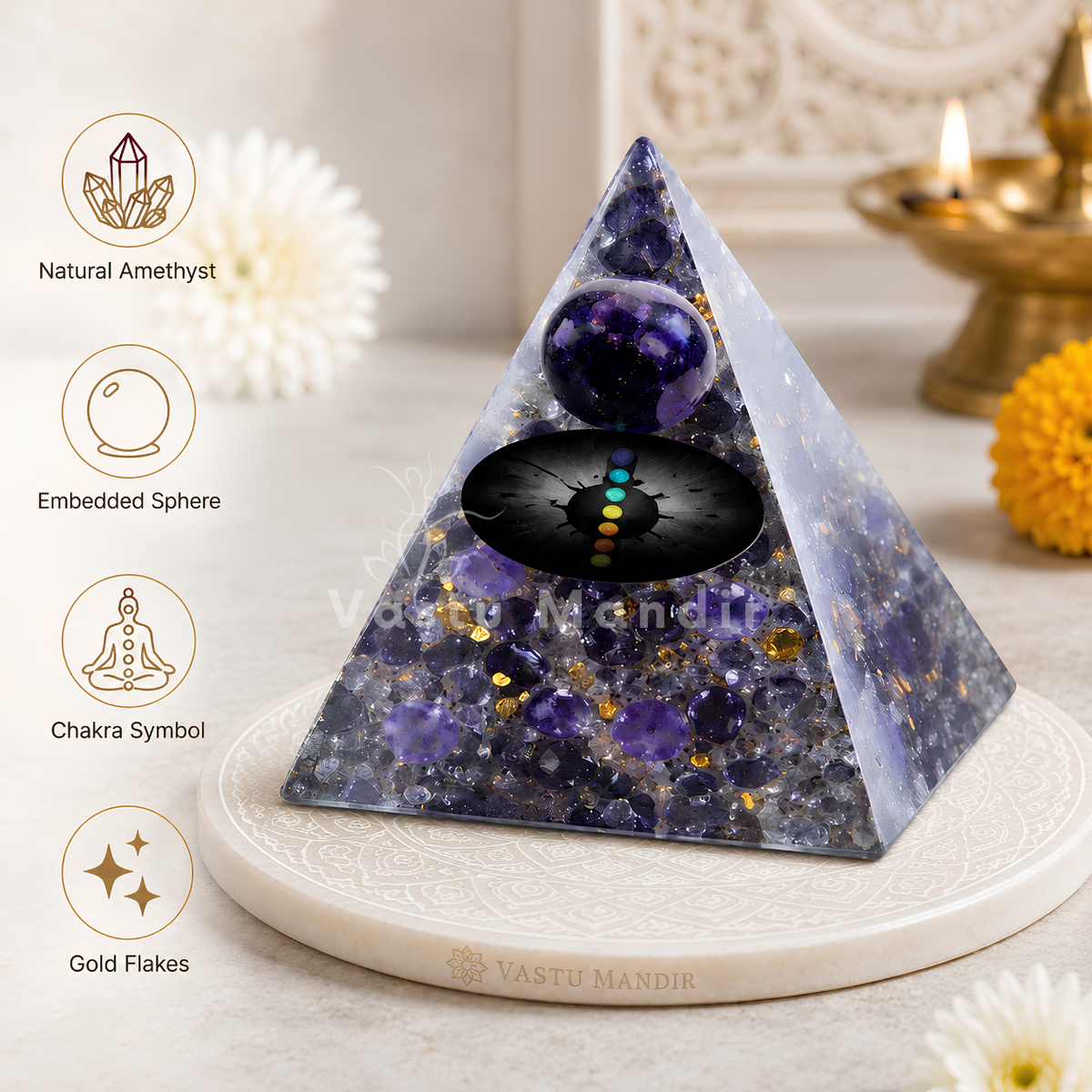 Natural Amethyst Crystal Sphere Pyramid - Vastu Remedy for Stress Relief, Sleep Support and Spiritual Harmony for South West Zone and Home Placement | 8 cm | 190 g
