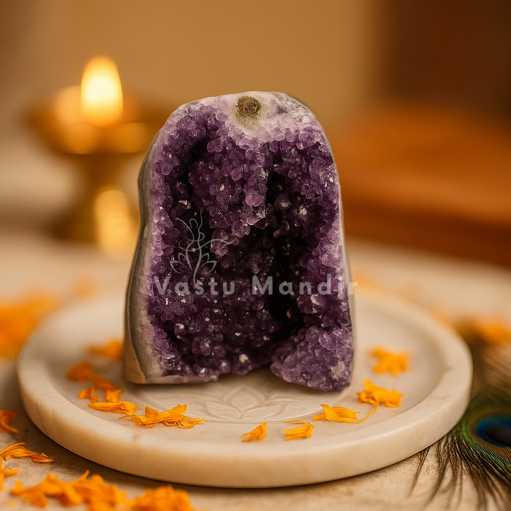 Natural Amethyst AAA Geode on a white plate with 'Vastu Mandir' branding, surrounded by orange flowers and a blurred candle in the background.