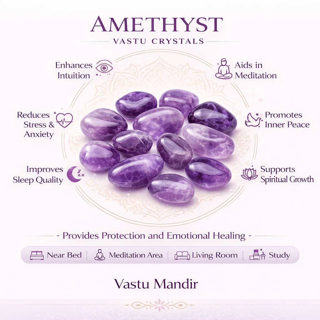 Amethyst stones infographic listing visible product features and suggested placement