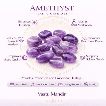 Amethyst stones infographic listing visible product features and suggested placement