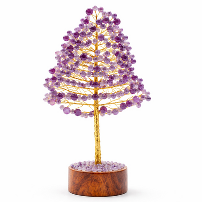 Amethyst Vastu Tree on a wooden base with a white background
