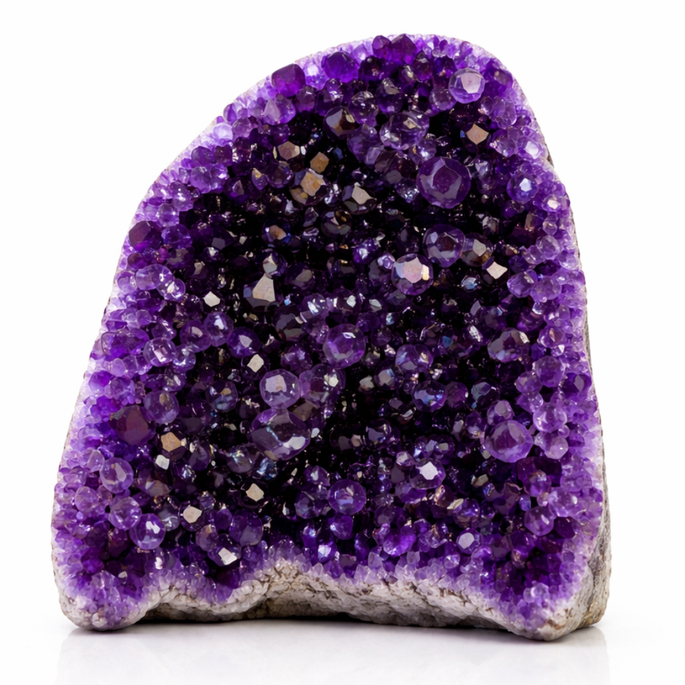 Amethyst crystal geode on a white background