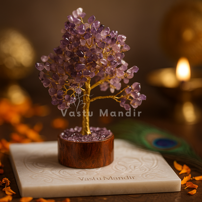 Amethyst crystal tree arranged in a warm low-light product setting