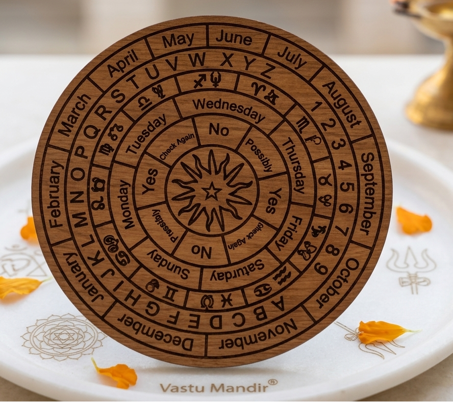 Dark brown astrological dowsing board displayed upright with zodiac symbols
