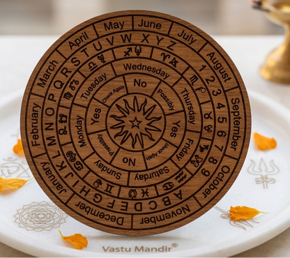Dark brown astrological dowsing board displayed upright with zodiac symbols