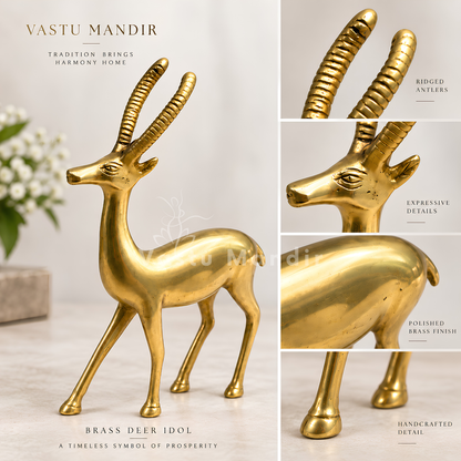 Handcrafted Brass Deer Idol Vastu Remedy for Stability, Stamina and Energy Balance for WNW Zone, Home and Office Placement | 12 x 22 cm | 820 gm