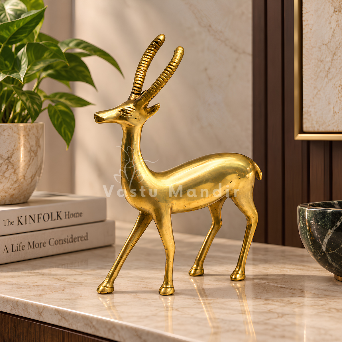 Handcrafted Brass Deer Idol Vastu Remedy for Stability, Stamina and Energy Balance for WNW Zone, Home and Office Placement | 12 x 22 cm | 820 gm
