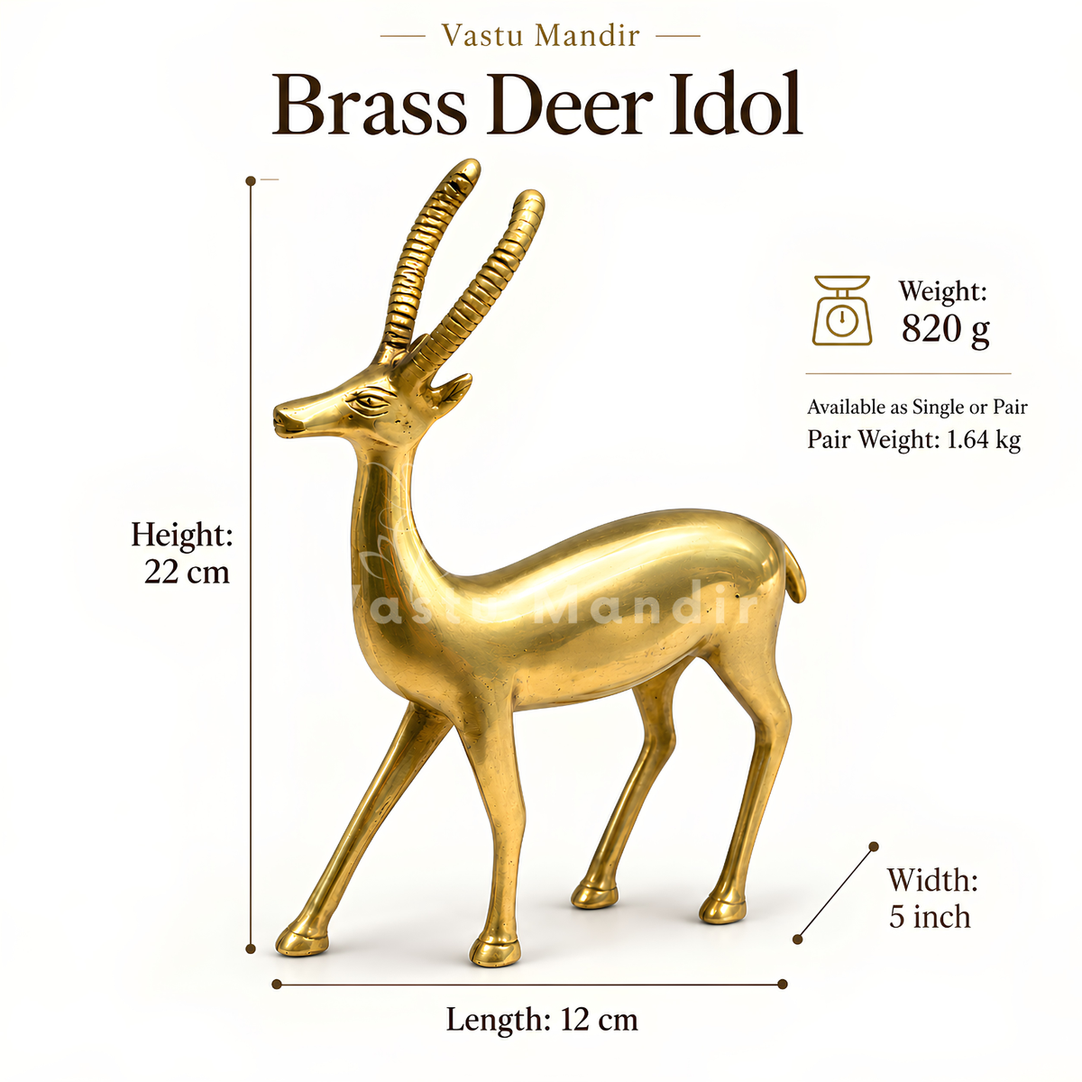 Handcrafted Brass Deer Idol Vastu Remedy for Stability, Stamina and Energy Balance for WNW Zone, Home and Office Placement | 12 x 22 cm | 820 gm