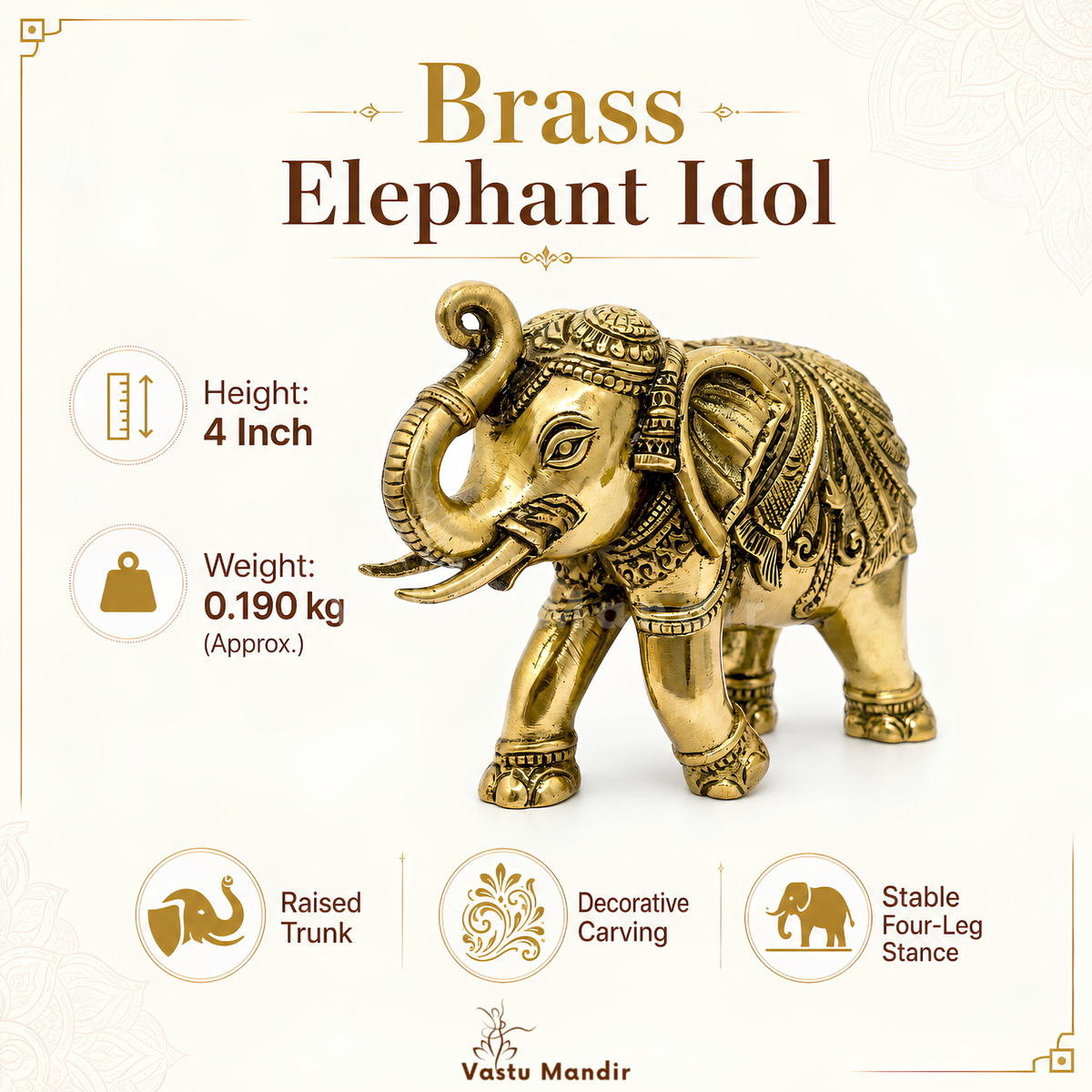 4-inch royal brass elephant figurine alternate side angle on a styled display platform