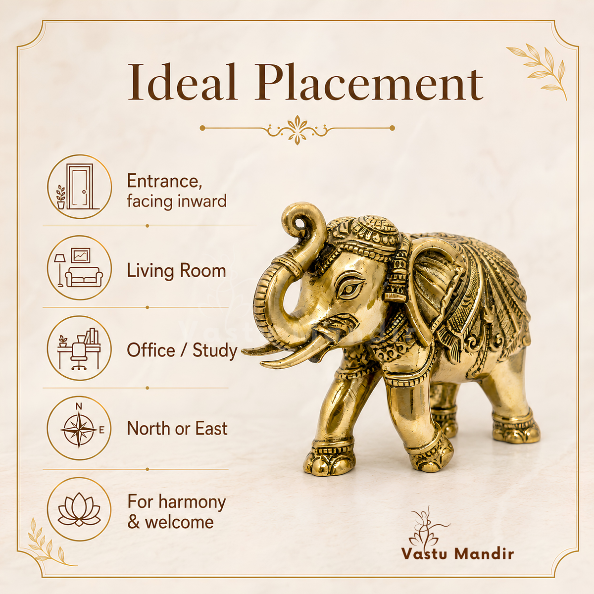 4-inch royal brass elephant figurine close-up of the raised trunk, ears and forehead