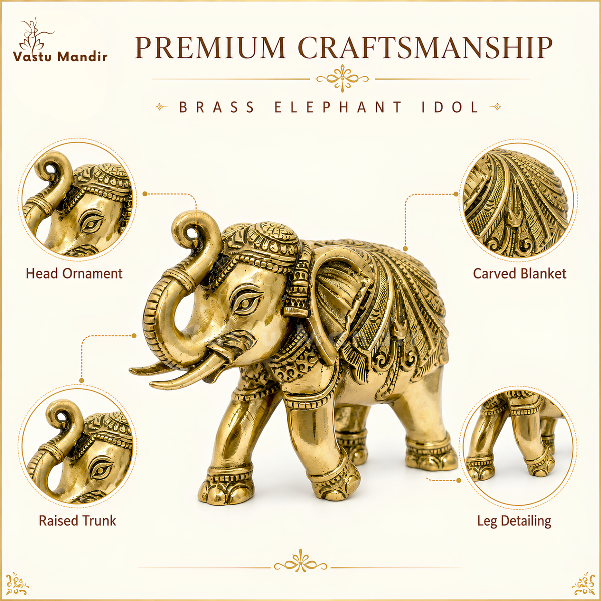 4-inch royal brass elephant figurine feature infographic highlighting raised trunk and engraved blanket