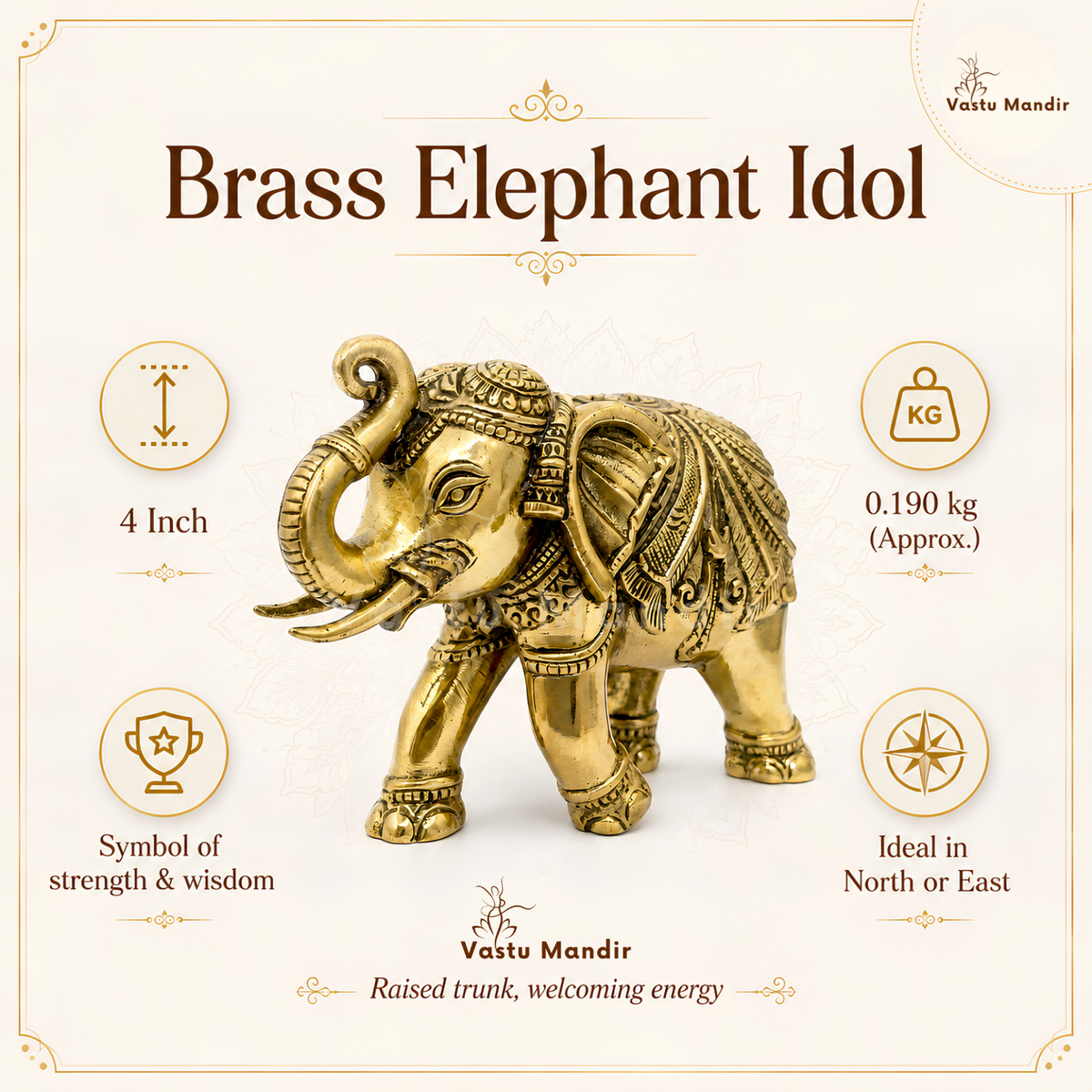 4-inch royal brass elephant figurine dimension and weight infographic for the 4-inch figurine