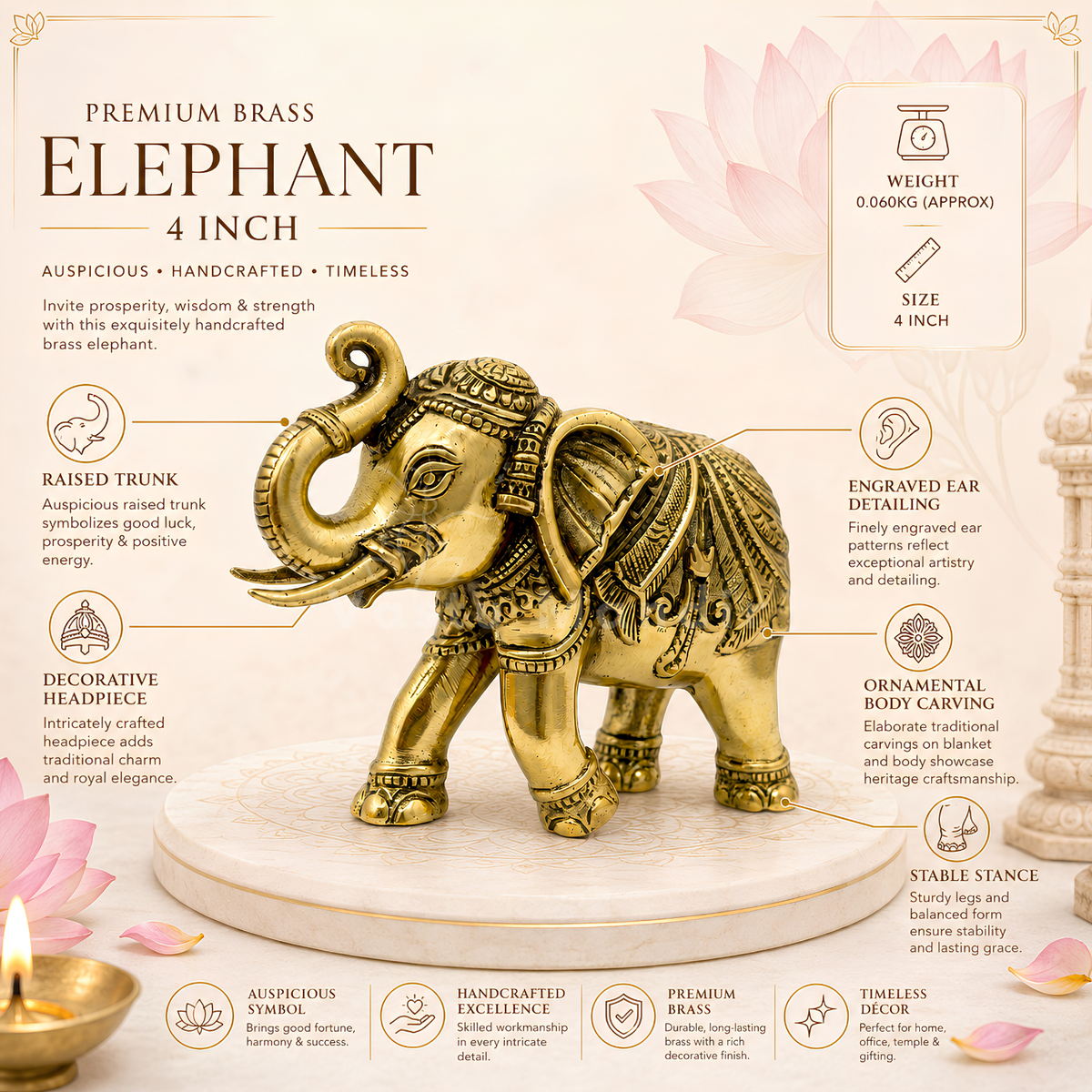 4-inch royal brass elephant figurine three-quarter view isolated on white background