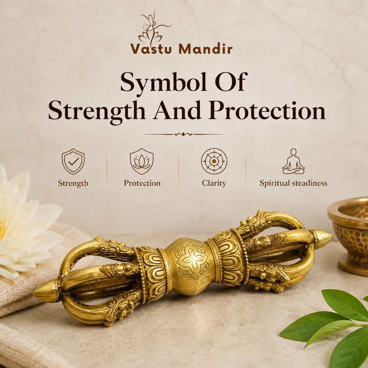 Large pure brass Vajra Dorje infographic highlighting traditional symbolism of strength and protection
