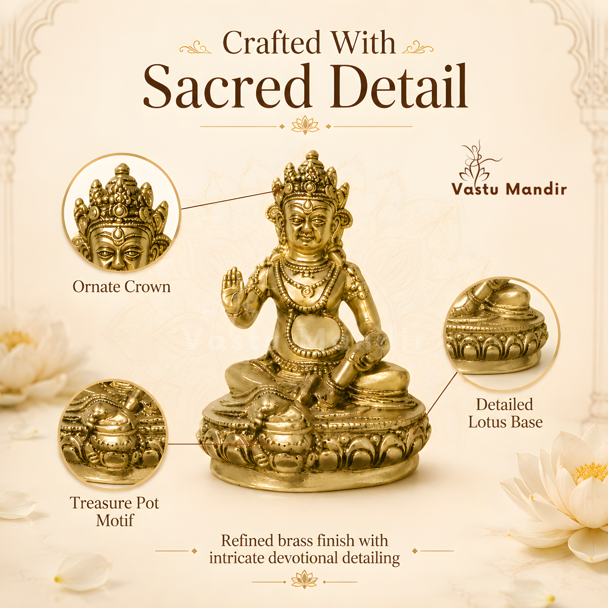 Big Kuber Ji brass idol craftsmanship infographic highlighting crown, pot and lotus base details