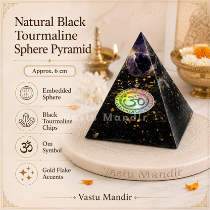 Natural Black Tourmaline Sphere Pyramid Vastu Remedy for Negative Energy Absorption, Aura Protection and Space Cleansing for Home, Office and Healing Use | 6 cm | 220 g