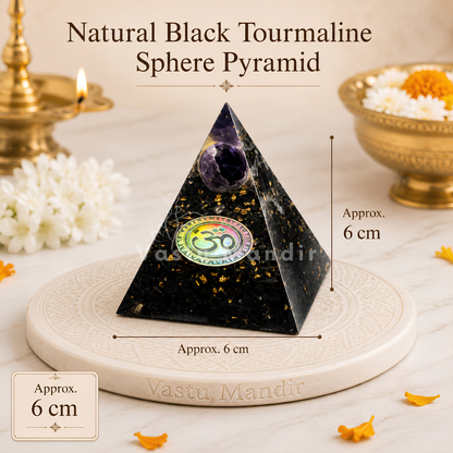 Natural Black Tourmaline Sphere Pyramid Vastu Remedy for Negative Energy Absorption, Aura Protection and Space Cleansing for Home, Office and Healing Use | 6 cm | 220 g