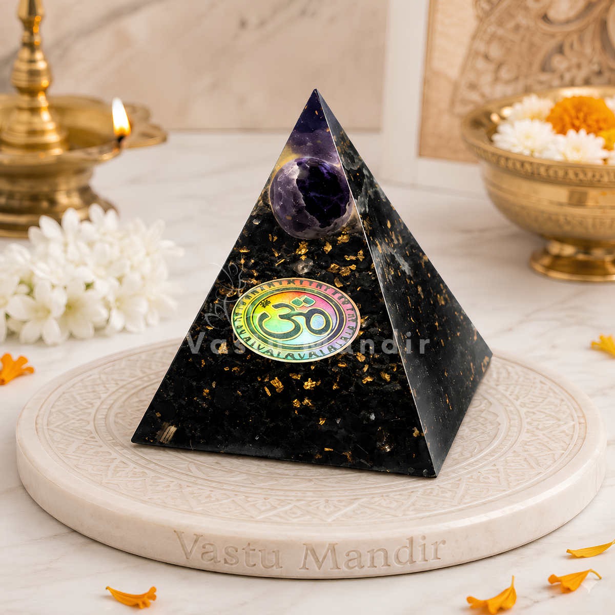 Natural Black Tourmaline Sphere Pyramid Vastu Remedy for Negative Energy Absorption, Aura Protection and Space Cleansing for Home, Office and Healing Use | 6 cm | 220 g