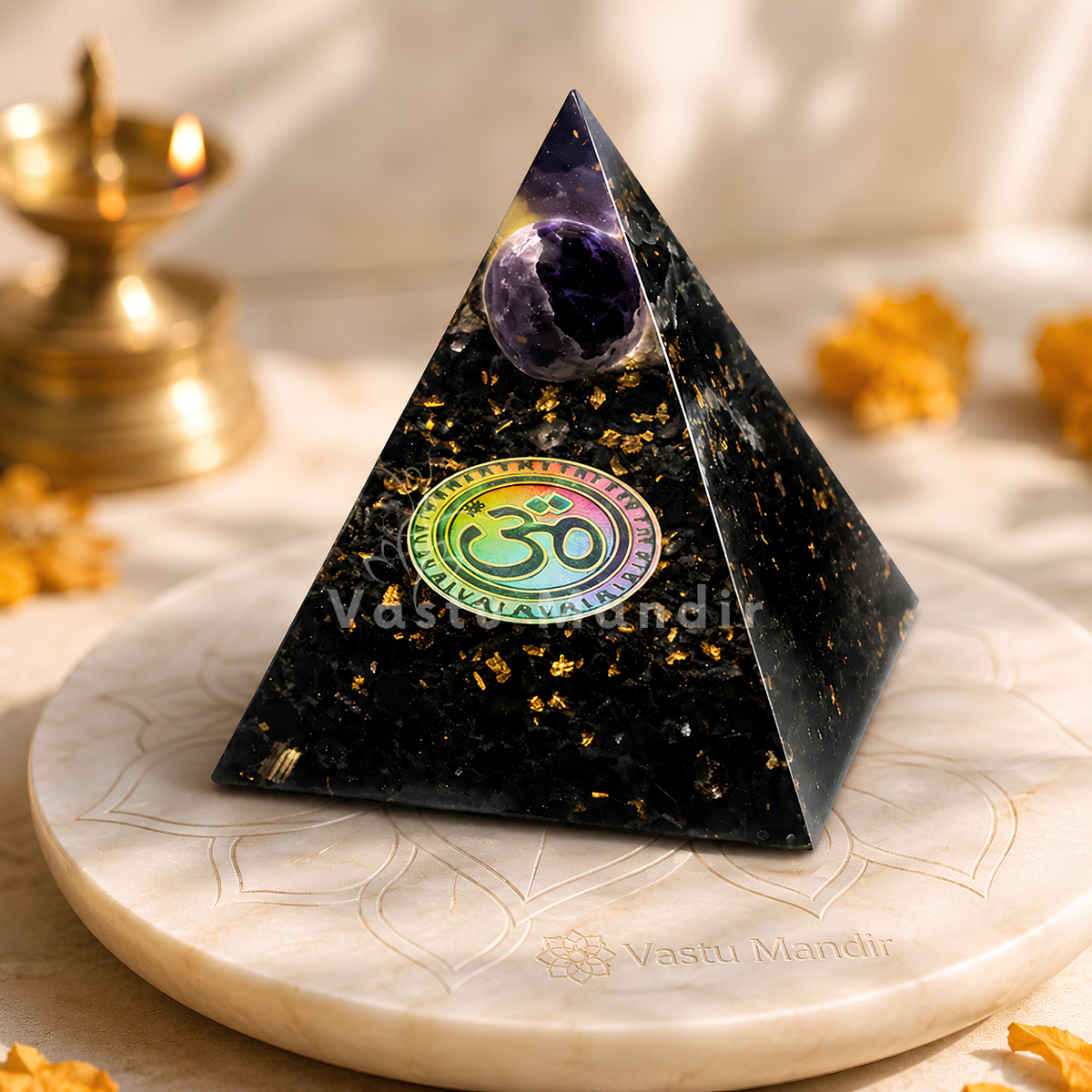 Natural Black Tourmaline Sphere Pyramid Vastu Remedy for Negative Energy Absorption, Aura Protection and Space Cleansing for Home, Office and Healing Use | 6 cm | 220 g