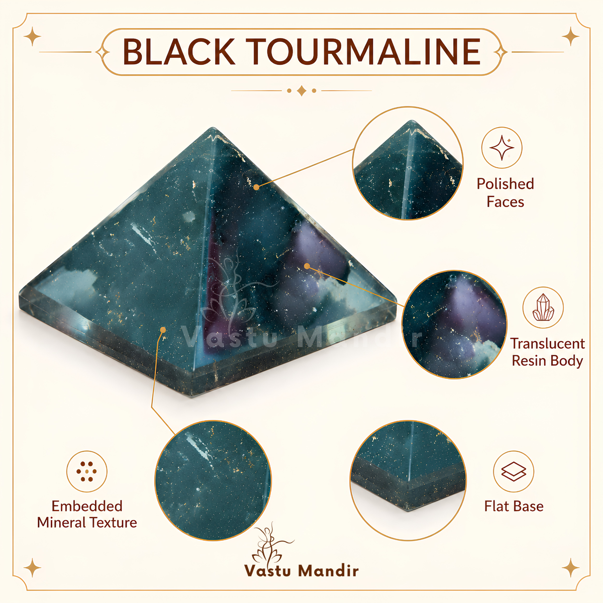 Black Tourmaline Orgone Pyramid, orgonite – top-down view showing the apex and square base