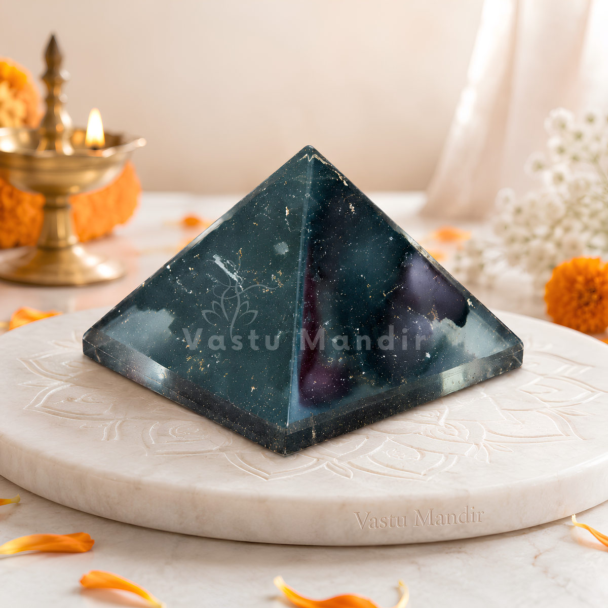 Black Tourmaline Orgone Pyramid, orgonite – front-left angled view showing two pyramid faces