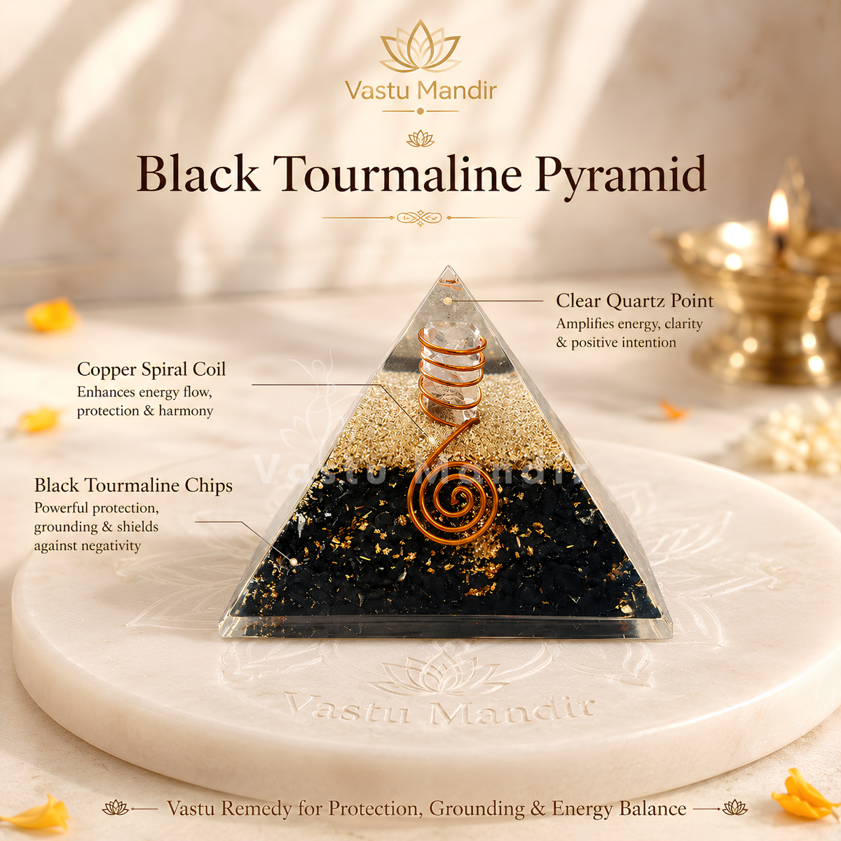 Black Tourmaline Protection Pyramid Vastu Remedy for Vastu Dosh Correction, Negative Energy Removal and Aura Shielding for Home and Office Spaces | 6.5 cm | 150 g